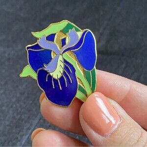 Purple Iris Cloisonne Brooch Signed ACE